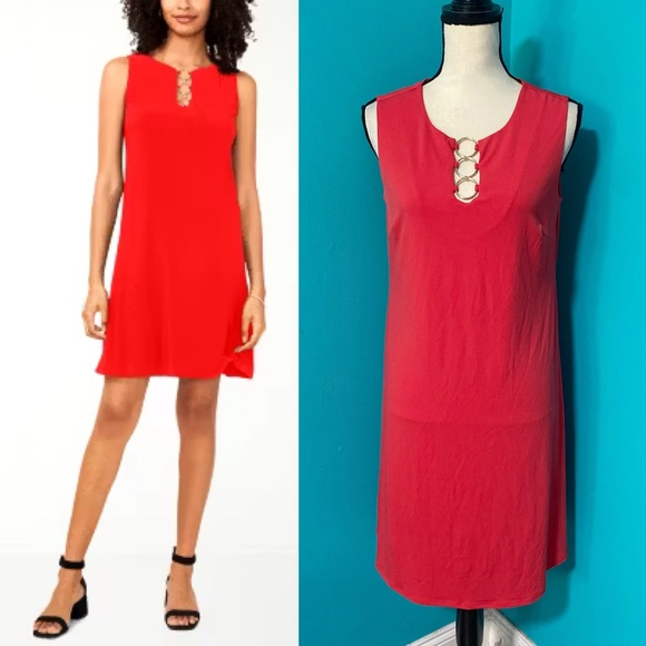 NWT JM Collection S Solid Red Sleeveless Shift Dress Circle Chain Neck Detail - Picture 1 of 5